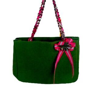 Goldie Pink & Green Tote Bag – Bronze Chain Straps, Bow & Ribbon Detail